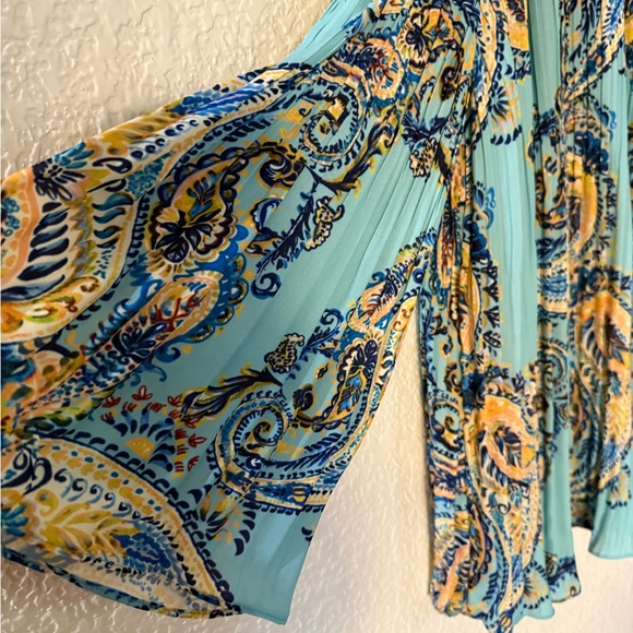 Midnight Velvet Teal Paisley Cold-Shoulder Pleated Blouse - Picture 9 of 16